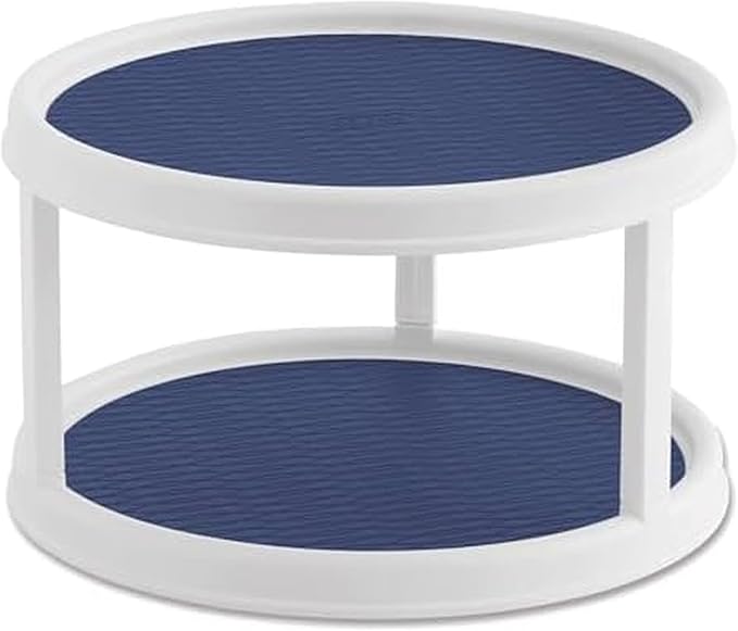 Copco Non-Skid 2 Tier Pantry Cabinet Lazy Susan Turntable, 12-Inch - Organize Kitchen, Bathroom, Home Office, Laundry Room, Garage, Craft Room - Kitchen Turntable & Pantry Organizer (White/Blue)