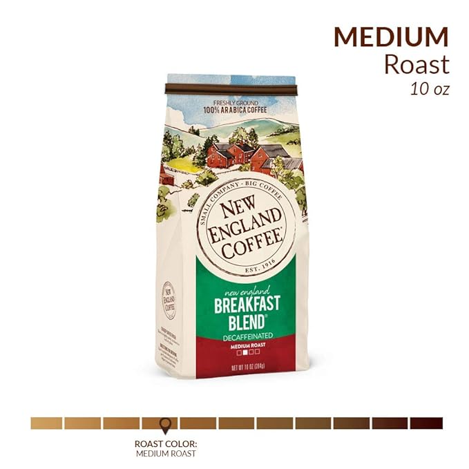 New England Coffee Breakfast Blend Decaffeinated Medium Roast Ground Coffee, 10oz Bag (Pack of 3)