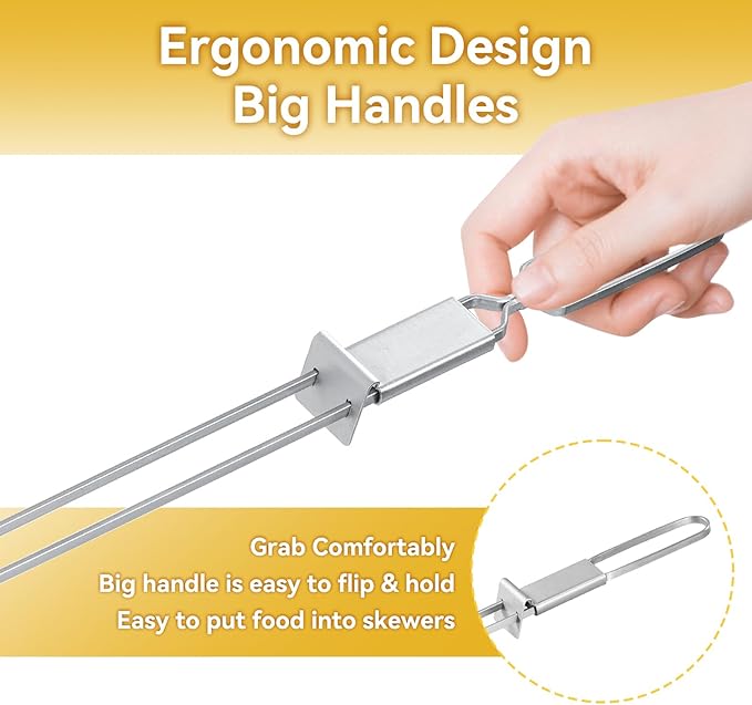 Metal Skewers for Kabobs - 17" 10 Pack Kabob Skewers with Push Bar Double Pronged Anti-Roll Flat BBQ Skewer for Grilling Stainless Steel Reusable Kebab Skewer for Meat Shrimp Chicken Veggie