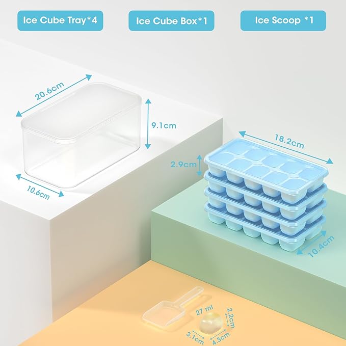 DOQAUS Ice Cube Tray with Lid and Bin, 4 Pack Silicone Plastic Ice Cubes Trays for Freezer with Box/Container, Stackable with Storage Iced Bucket Kits, Scoop, for RV, Soup, Food, Cocktail, Coffee
