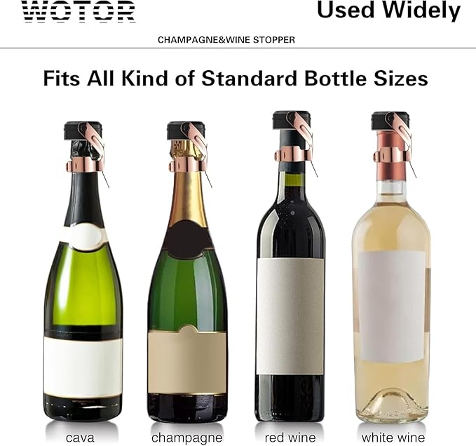 WOTOR Champagne&Wine Bottle Stoppers Stainless Steel with Food Grade Silicone, Leak Proof Keep Fresh Reusable Saver, Cork Suitable for Wine, Champagne, Cava, Prosecco and Sparkling (12 Pack Rosegold）