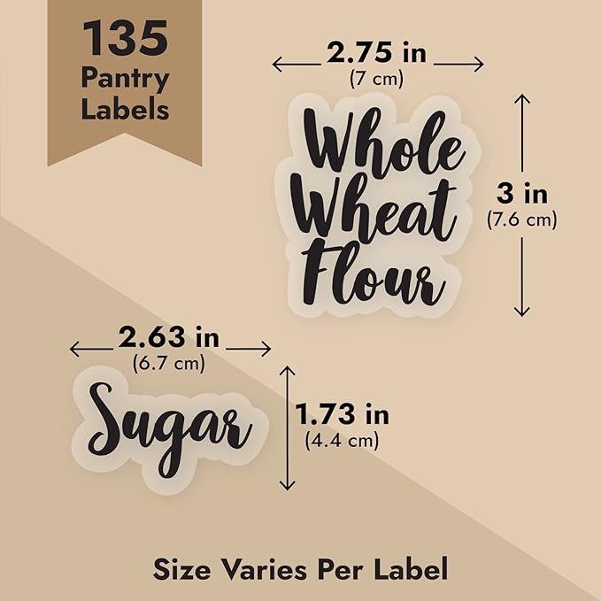 Talented Kitchen Labels for Food Containers - 135 Count, Preprinted Black Cursive on Clear Backing, Water-Resistant - Pantry & Kitchen Storage Labels for Jars & Bins - Easy Peel & Stick