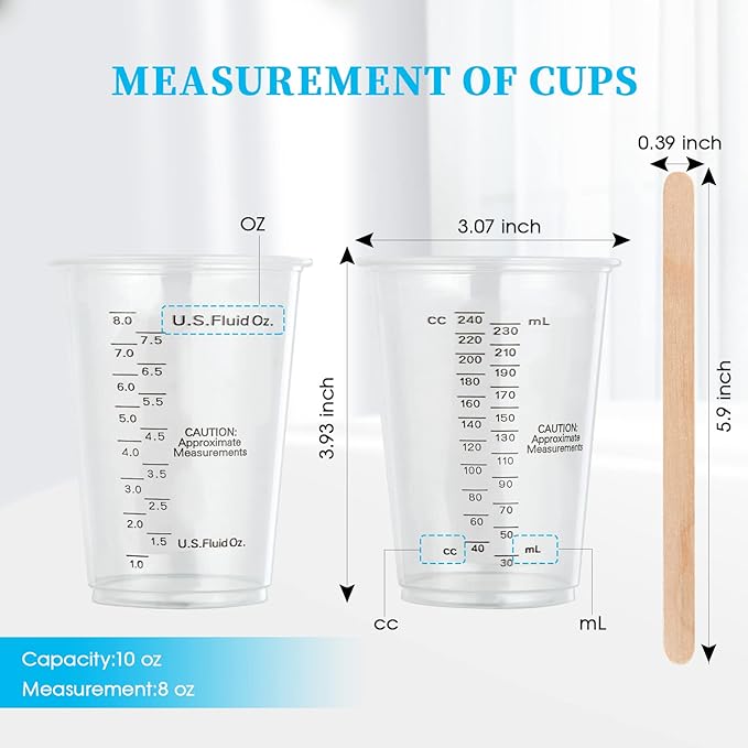 200 PACK Plastic Measuring Cups, 8 oz Disposable Mixing Cups with 100 Wooden Mixing Sticks, Can Be Used for Epoxy Resin, Liquid Measuring, Paint, Cooking and Baking