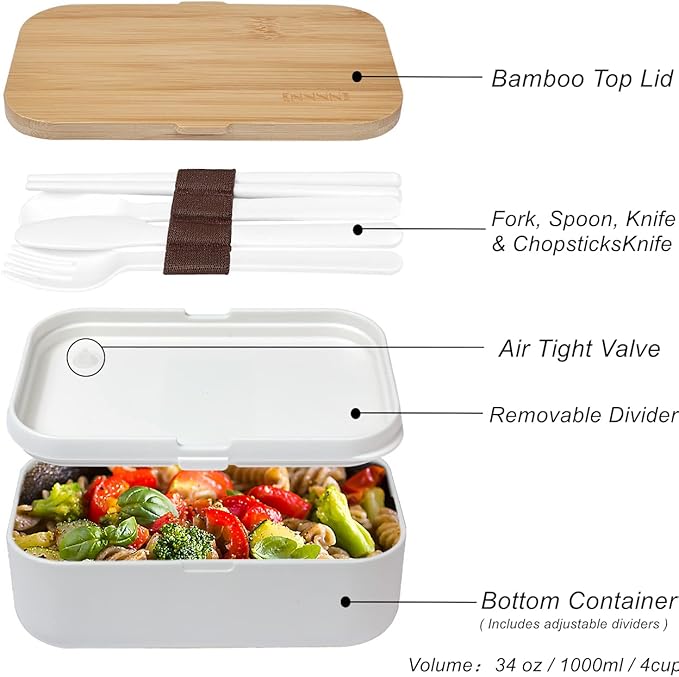 Bento Box Adult Lunch Box Containers - Japanese, Natural Bamboo Lid, Microwave safe, Dishwasher Safe, Small, Bpa free, Women, Cutlery & Chopsticks
