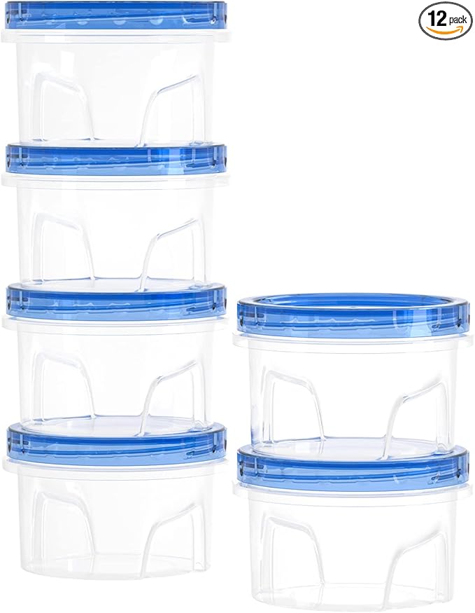 Reusable Freezer Storage Container Sets with Airtight Twist Top Lid, [12 Pack-16 oz] Round BPA-Free Plastic Containers with Lids for Kitchen Meal Prep, Microwave, Dishwasher and Freezer Safe