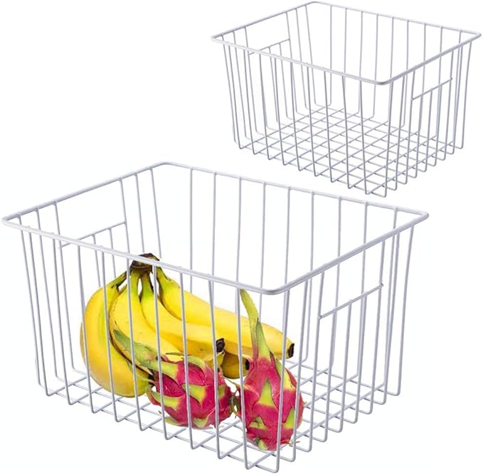 SANNO Freezer Baskests Organizer Bins, Freezer Wire Storage Basket Refrigerator Storage Baskets Bins Organizer with Built-in Handles for Cabinets, Pantry, Closets, Bedrooms - Set of 2 White