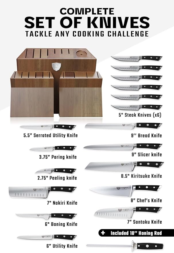 DALSTRONG Gladiator Series Elite-18pc Stainless Steel Knife Set with Block-High Carbon German Steel-Acacia Wood Block-Gift Knife Set w/Black Handles - NSF Certified