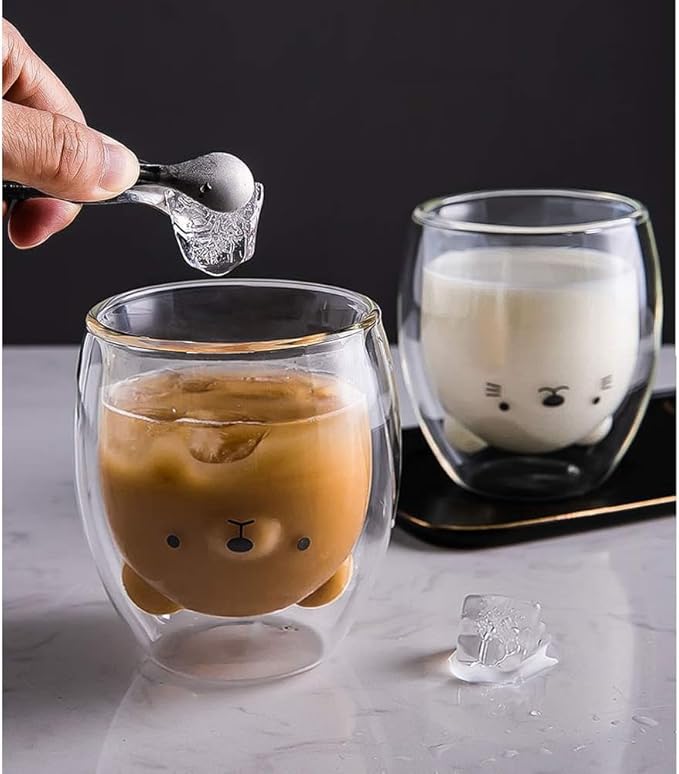 Bear Cute Mugs Kawaii Double Wall Glass Coffee Tea Mill Yogurt Cup Funny Novelty Gift for Women Her Friends Office Birthday Christmas