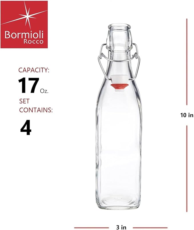 Bormioli Rocco 17oz Swing Bottle (Set of 4) - Reusable Glass Bottles with Airtight Leakproof Swing Tops, BPA-Free Office Water Bottle, Great for Homemade Syrups, Dressings, Infused Oils, Fresh Juices