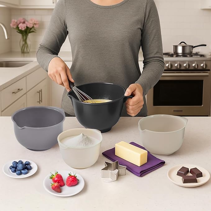 Glad Mixing Bowls with Pour Spout, Set of 4 - Nesting Plastic Bowls (1.2qt, 1.9qt, 2.8qt, and 3qt with Handle) - Non Slip Base, Dishwasher Safe Kitchen Cooking and Baking Supplies, Grey