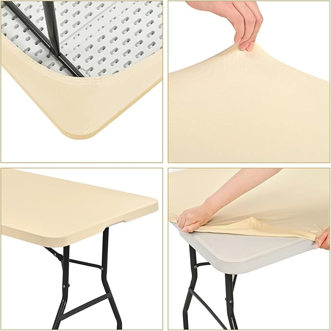 10 Pack Fitted Tablecloth for 6 Foot Rectangle Tables, Beige Elastic Outdoor Picnic Table Cover, Washable Stretch Folding Table Cloths 6 ft for Camping Party Patio Kitchen Banquet, 30" W x 72" L