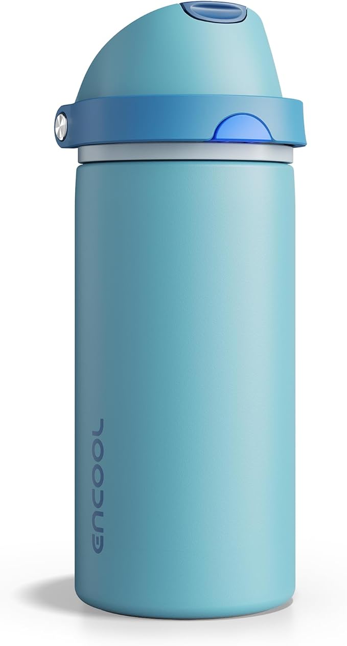 Insulated Water Bottle with Straw - Encool Stainless Steel Water Bottle with Push Button Lid, Leak-Proof & BPA-Free, Keeps Cold for 24 Hours for Sports, Travel, Gym (18 oz, Silk Blue)