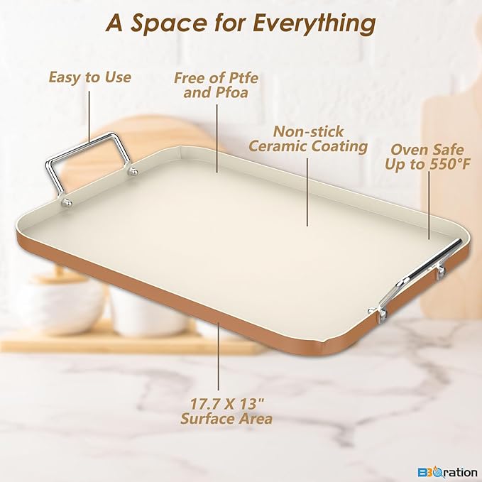 17.7" x 13" Griddle Pan for Gas Grill and Ovens, Stainless Steel Handles, Non Stick Ceramic Griddle Pan Griddle Skillet, PTFE Free PFOA Free