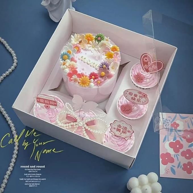 Bento Cake Box - Easy to Assemble White 4-inch Cake and 5 Cupcakes Box With Insert - 5 Sets Base for Family Birthday Party Mother's Day