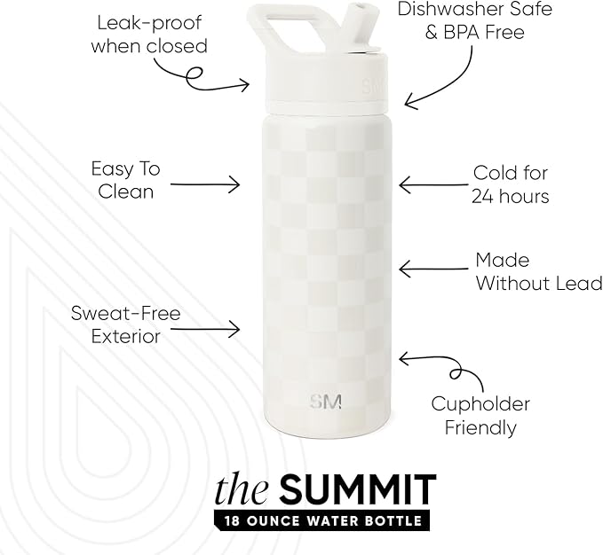 Simple Modern Kids Water Bottle with Straw Lid | Vacuum Insulated Stainless Steel Metal | Reusable Leak Proof BPA-Free Thermos for School | Summit Collection | 18oz, Cream Checkmate