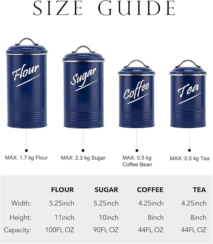Hillbond Kitchen Canister Sets for Countertop Food Storage Containers Stainless Steel with Powder Coated Decorative Metal Storage Jars for Kitchen Counter Set of 4 (Navy Blue)