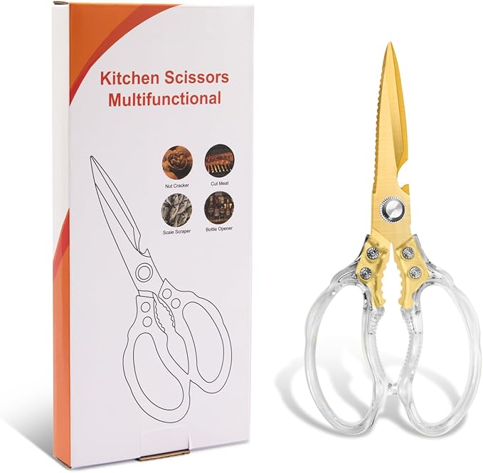 CGBE Kitchen Scissors, Multi-Purpose Kitchen Shears, Heavy Duty Dishwasher Safe Food Scissors for Chicken, Poultry, Fish, Meat & Herbs with Non-Slip Grips - Transparent Gold