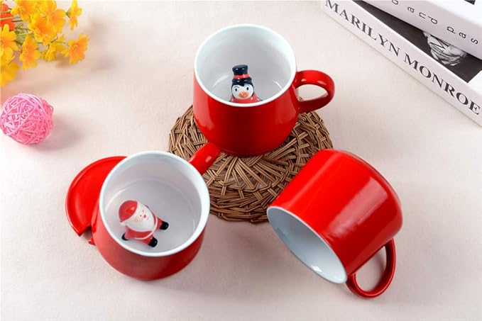 Surprise 3D Coffee Mug Animal Inside 12 oz with Snowman,Cute Cartoon Handmade Ceramics Cup,Christmas Birthday Surprise for Friends Family or Kids (Snowman)