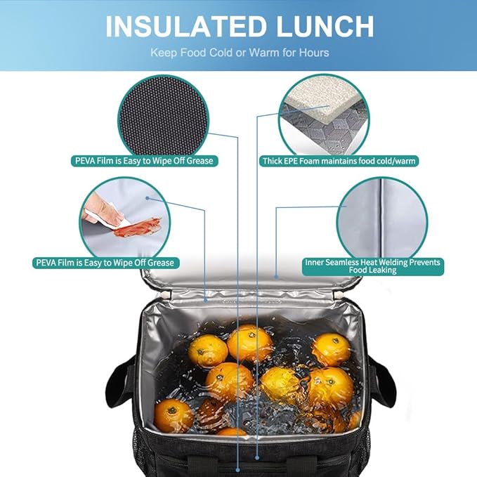 iknoe Insulated Lunch Bag, Foldable 8.5L Cooler Bag for Men & Women, Leakproof Thermal Design, Great for Office, Picnic, Travel, Lunch Box, Black without logo
