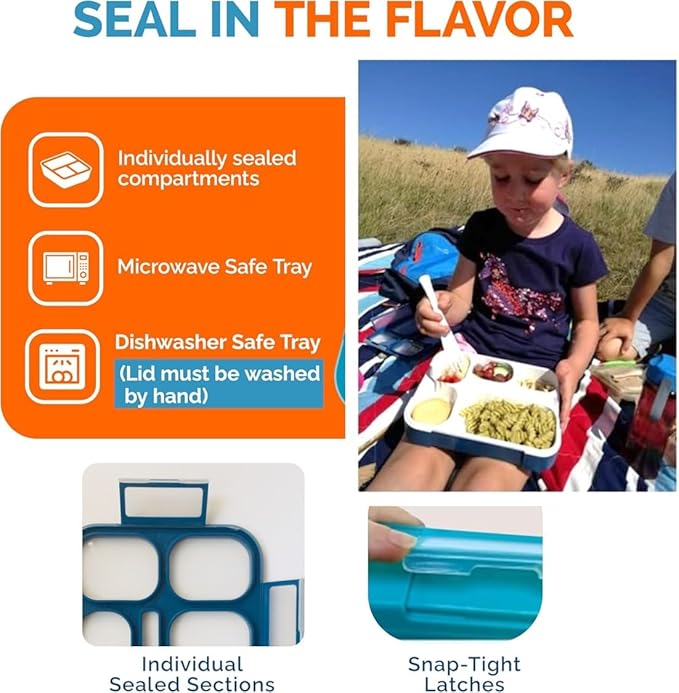 Bento Lunch Box Kids, Leakproof Lunch Containers for Boys Girls Adults with 6 Compartments - School, Daycare, Meal Planning Portion Control Container, BPA-Free Boxes, Utensils, Navy Blue