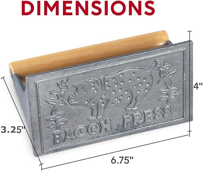 HIC Kitchen Bacon Press, Heavyweight Cast Iron, Rectangular With Wood Handle, For Stovetop Grill And Griddle