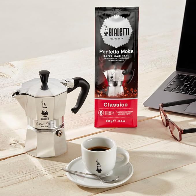 Bialetti Caffe Italian Roasted - 8.8 oz Espresso Ground Coffee - Classico Perfect for Moka - Intensity 7
