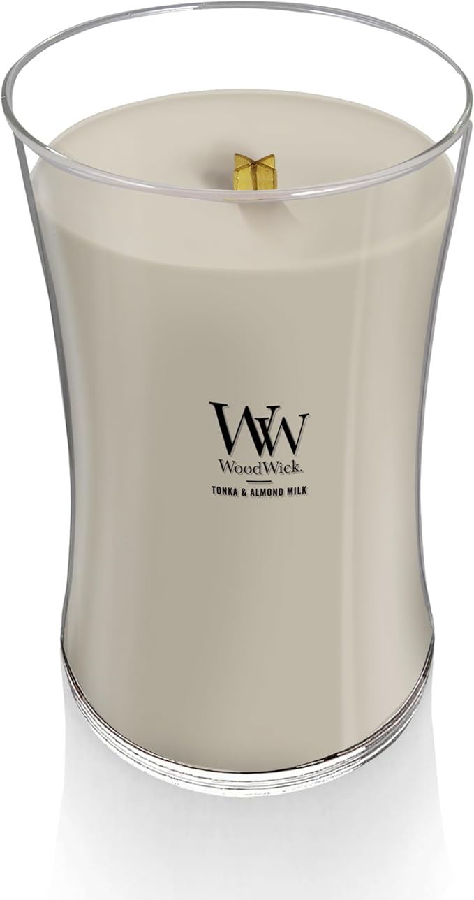 WoodWick Tonka & Almond Milk Gifts for Women and Men, 21.5 oz Large Hourglass Candle with Crackling Wick