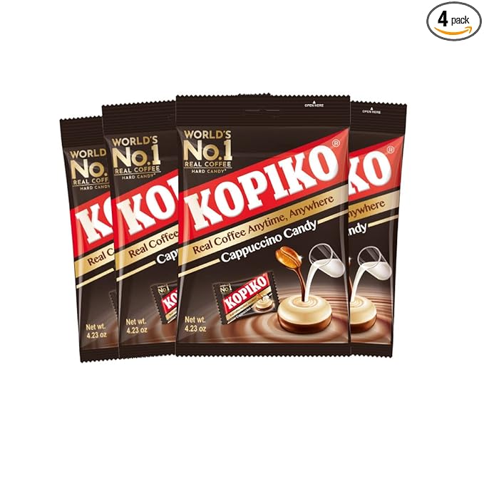 Kopiko Cappuccino Candy – Bold-Tasty Hard Candy from Indonesia with Real Coffee Extract – A Satisfying Boost for On-the-Go Energy (4-Pack 4.23oz Each)