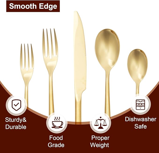Gold 20-Piece Silverware Set with Handle, Stainless Steel Flatware Set, Cutlery Set Mirror Polished, Dishwasher Safe, Service for 4