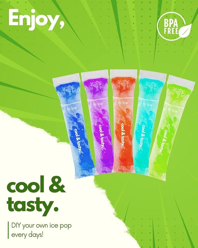 150 Disposable Popsicle Mold Bags with Zip Seals, 8x2" Freezer Tubes for DIY Ice Pops, Yogurt, Juice & Fruit Smoothies - Includes Funnel, BPA-Free, Ice Pop Molds