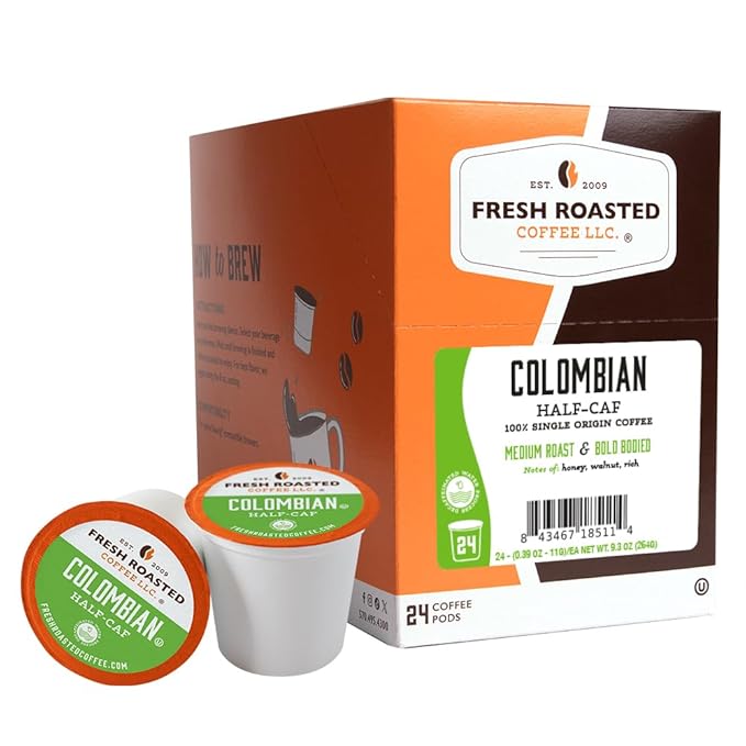 Fresh Roasted Coffee,100% Water Processed Half-Caf Colombian, Kosher, K-Cup Compatible, 24 Pods
