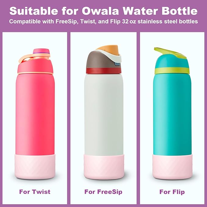 2PCS Silicone Water Bottle Boot for Owala 32oz, Protective Bottom Bumper Anti-Slip Sleeve for FreeSip, Twist, and Flip Stainless Steel Bottles, Dishwasher Safe and BPA Free(Pink)