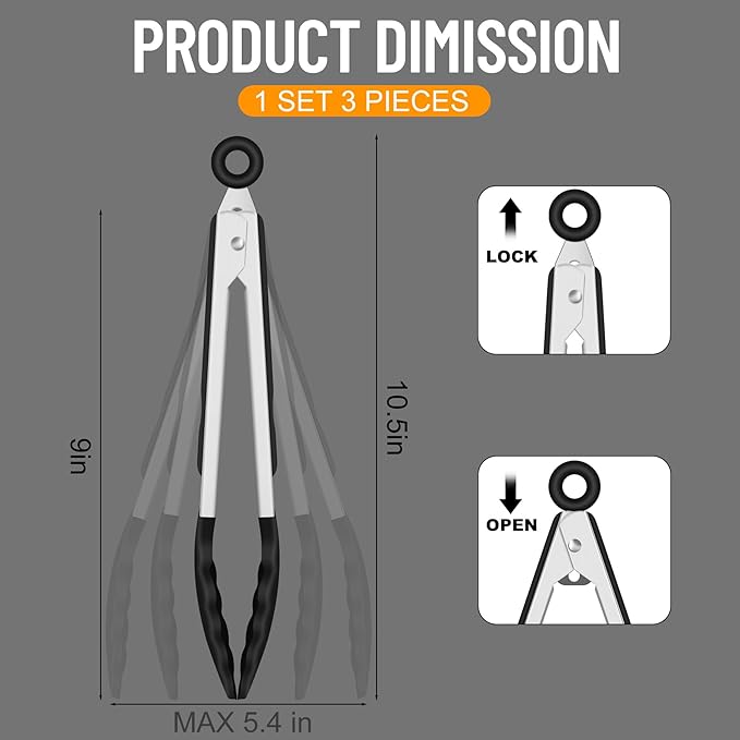Hotec Silicone Kitchen Tongs for Cooking 9-Inch Serving Tongs with Silicone Tips, Set of 3 (Black Grey Khaki)