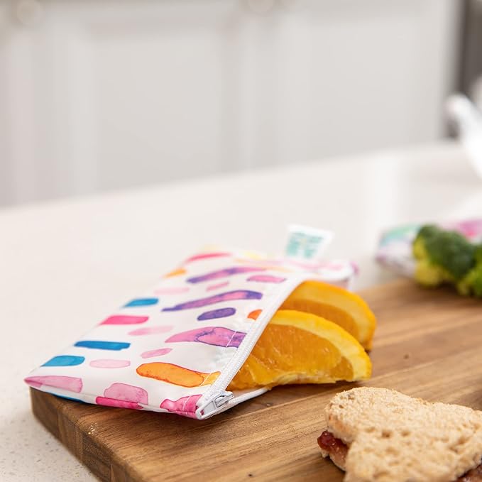 Bumkins Reusable Snack Bags, for Kids School Lunch and for Adults Portion, Washable Fabric, Waterproof Cloth Zip Bag, Supplies Travel Pouch, Food-Safe, 2-pk Watercolors and Brushstrokes