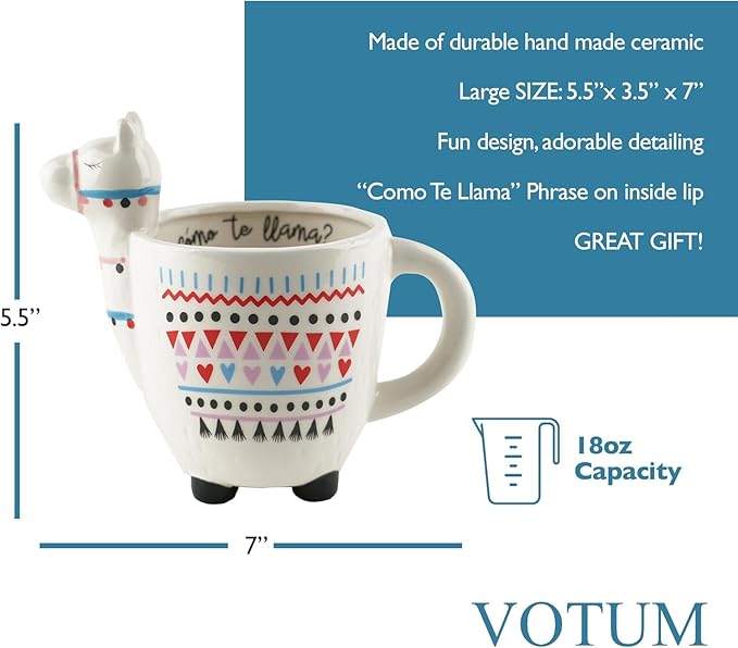 VOTUM Animal-Shaped Llama Coffee Mug, 18.6 fl. oz. - Handmade, Adorable Tea Cup with Printed Como Te Llama Writing - Premium Ceramic Gifts for Women & Men