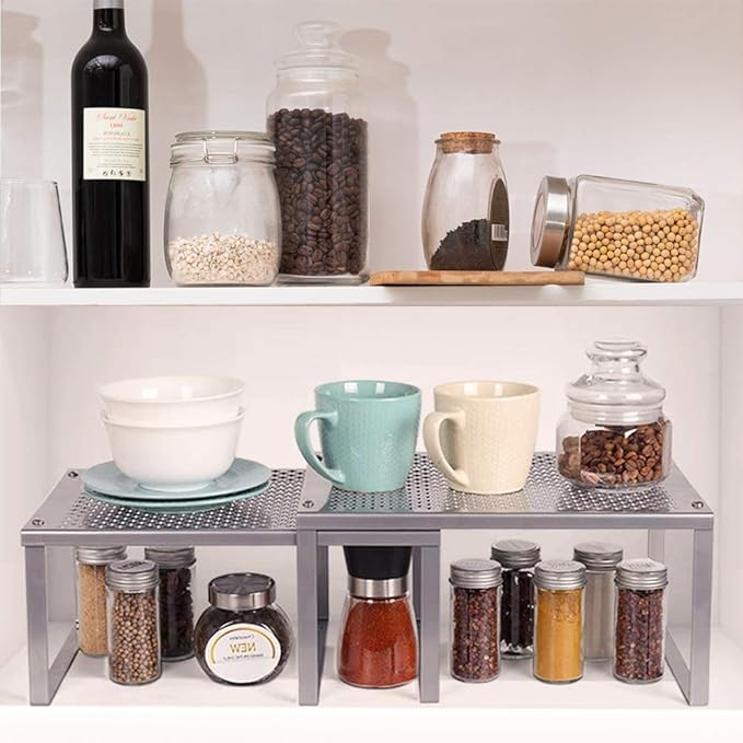 NEX Kitchen Shelf Organizer for Cabinet Counter Cupboard Pantry, Stackable & Expandable, Silver