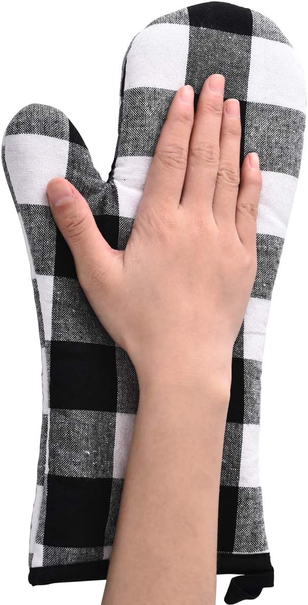 Oven Mitts and Potholders BBQ Gloves-Oven Mitts and Pot Holders with Recycled Infill Silicone Non-Slip Cooking Gloves for Cooking Baking Grilling (4-Piece Set) (Black/White)