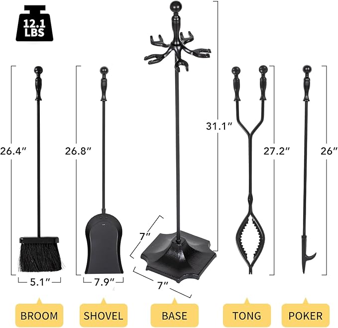 nalone 5 Pieces Fireplace Tools Set with Upgraded Tong, Heavy Duty Wrought Iron Fireplace Accessories Set with Poker, Tong, Shovel, Brush