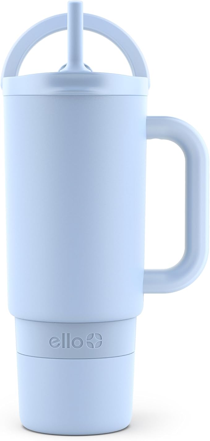 Ello Port 30oz Tumbler with Carry Loop & Integrated Handle, Vacuum Insulated Stainless Steel Reusable Water Bottle, Travel Mug with Leak Proof Lid & Straw, Perfect for Iced Coffee & Tea, Halogen Blue