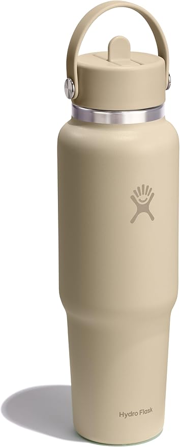 Hydro Flask Travel Water Bottle - Insulated Stainless Steel - Wide Straw Lid, Non Spill, Leakproof in 40 Oz Oat Tan