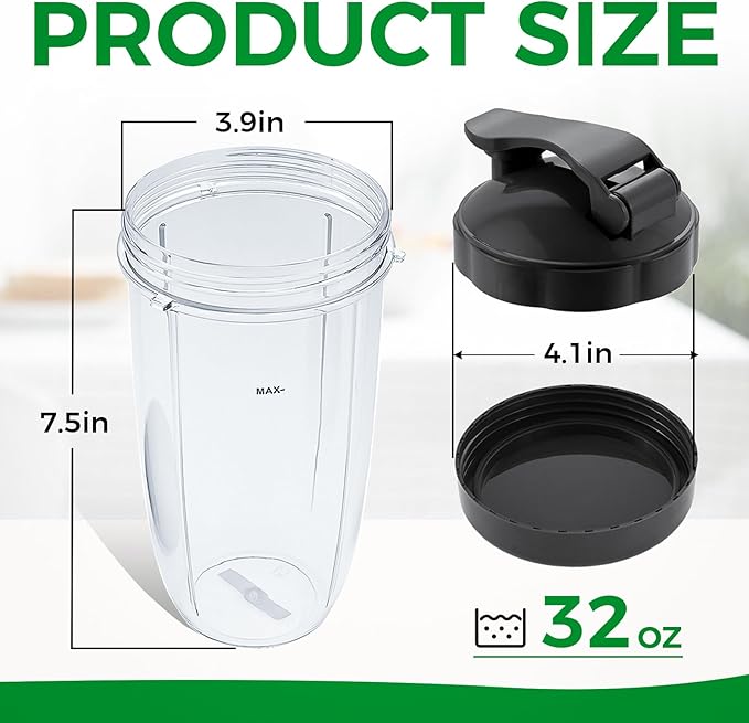 Replacement Blender 32oz Cups with Flip-Top To-Go-Lid & Flat Lid Compatible with Nutribullet Pro 900w/ 600w Models