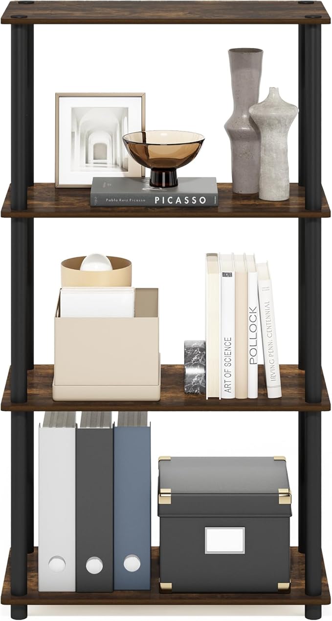 Furinno TURN-N-TUBE Storage Shelves, 4-Tier Toolless Book Shelf, Corner Shelf, Toolless Open Shelves, for Organization and Storage, Living Room, Garage, Home Office, Amber Pine