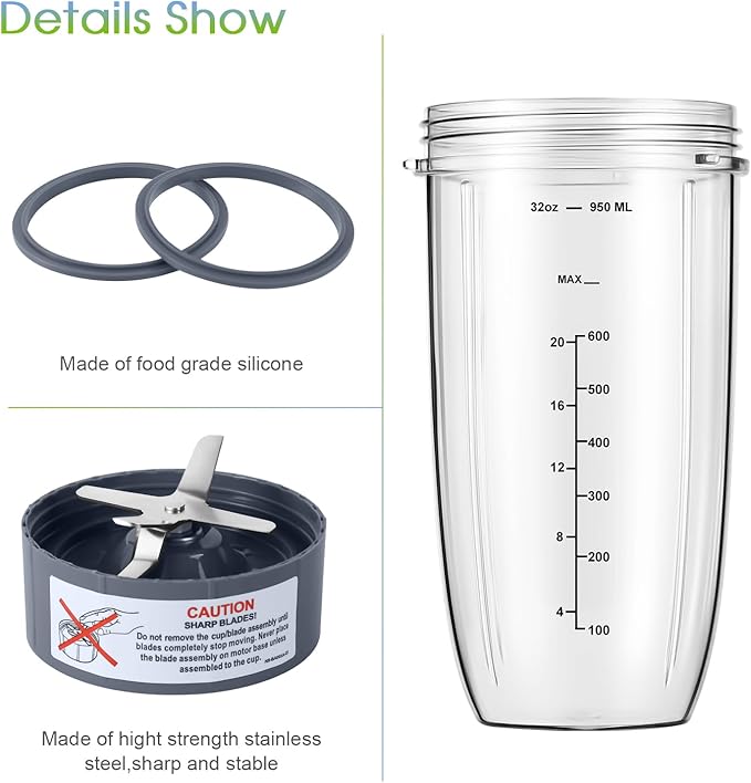 New Blender Cup and Blade Replacement Parts 32oz Cup and Extractor Blade and 2 Rubber Gaskets 4-Piece Compatible with NutriBullet High-Speed Blender/Mixer System 600W/900W Series
