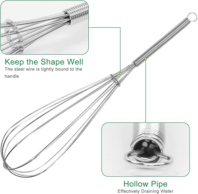 ForTomorrow Stainless Steel Whisk Set - 8"+10"+12" Thin Handle Wisk Balloon Wire Whisks Kitchen Tool for Cooking, Baking, Mixing Blending, Whisking, Beating, Stirring
