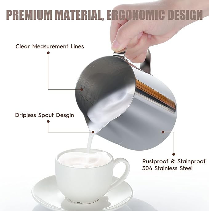 Milk Frothing Pitcher, 32oz Espresso Steaming Pitchers Stainless Steel Cappuccino Coffee Machine Accessories Barista Tools Steamer Froth Pitchers Milk Jug Cup with Decorating Pen Latte Art