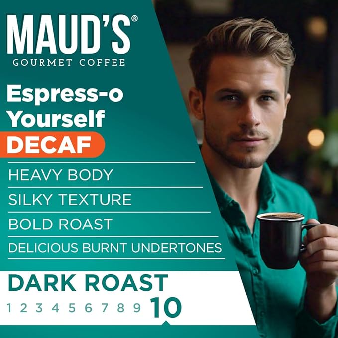Maud's Decaf Espresso Roast Coffee Pods, 100 ct, Decaffeinated Dark Roast Coffee in Recyclable Single Serve Pods – 100% Arabica Coffee, Compatible with Keurig K Cups Maker