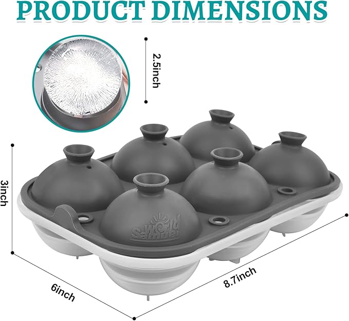 Samuelworld Large Ice Ball Maker with Lid, 6 x 2.5 Inch Ice Balls - Food Grade, Easy To Fill Round Silicone Ice Tray, Perfect Spheres Craft Ice Maker for Whiskey, Cocktails, Gifting - Grey