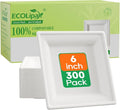 ECOLipak 6 Inch Compostable Square Paper Plates, 300 Count Heavy Duty White Small Paper Appetizer Plates, Disposable Biodegradable for Dessert Daily meals, Dinner, Parties, BBQ