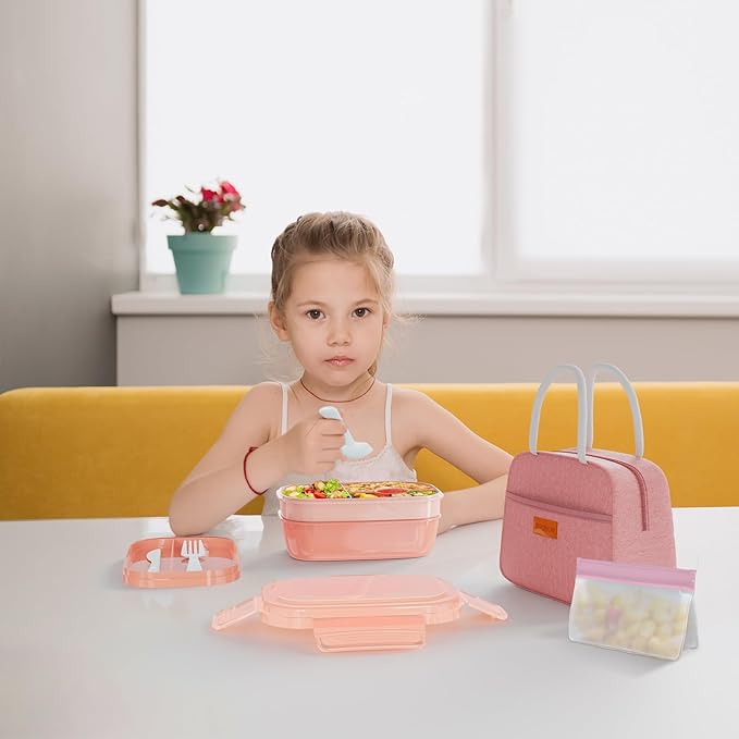 JBGOYON® Bento Lunch Box Set - 3 Stackable Containers for Adults and Kids，lunch box for women- Includes Lunch Bag, Leak-Proof and BPA-Free - Built-in Utensil Set - Dishwasher Safe (Pink)