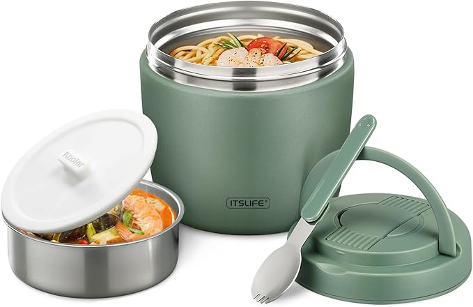 Soup Thermos for Hot Food Insulated Food Jar 32oz, Vacuum Insulated Stainless Steel Lunch Container - Wide Mouth Thermo for Soup & Food, Insulated lunch box Leakproof Bento Box with Spoon (Green)
